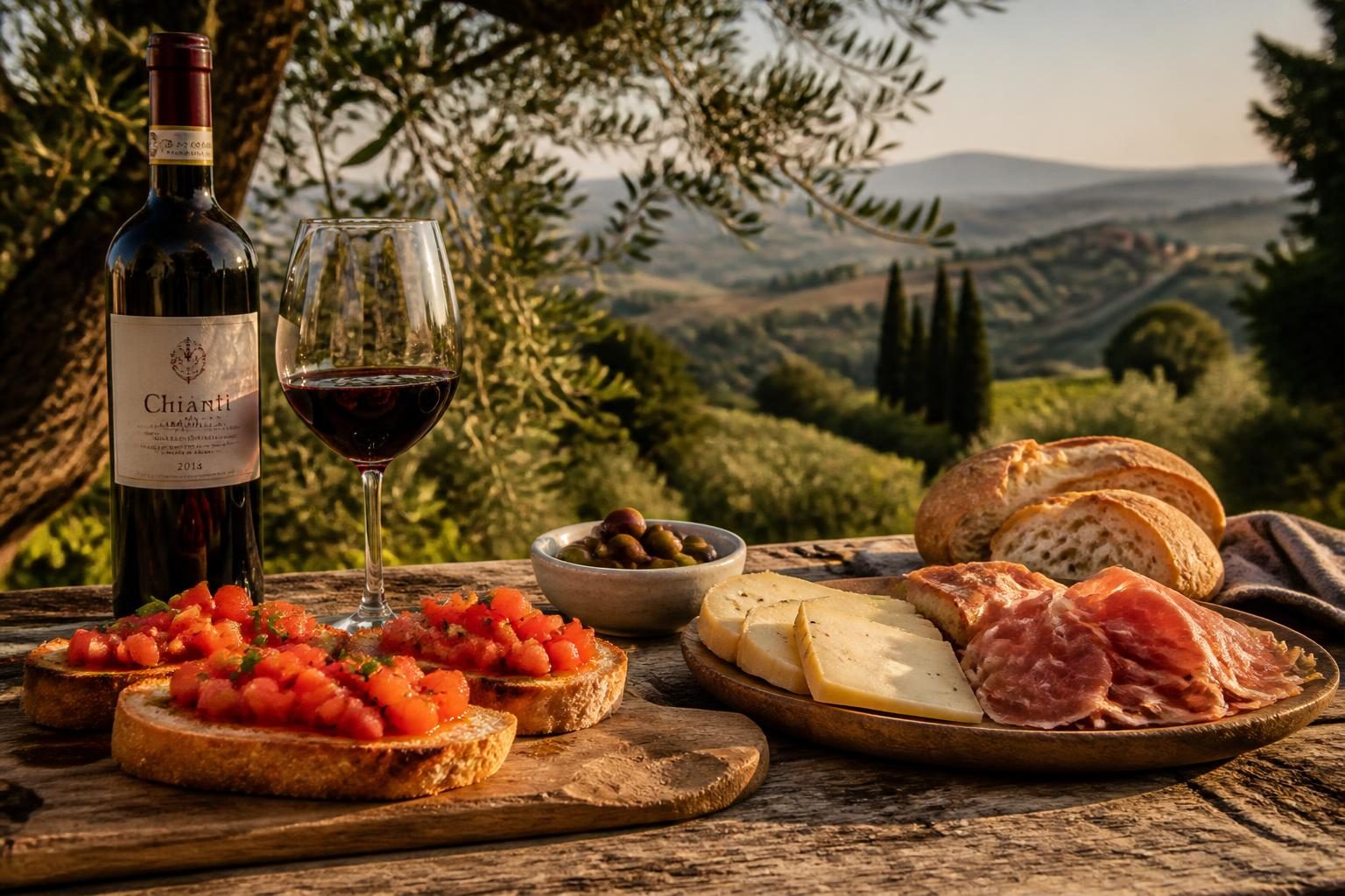 Gedeckter Tisch mit toskanischen Vorspeisen, Brot, Olivenöl, Pecorino und Rotwein