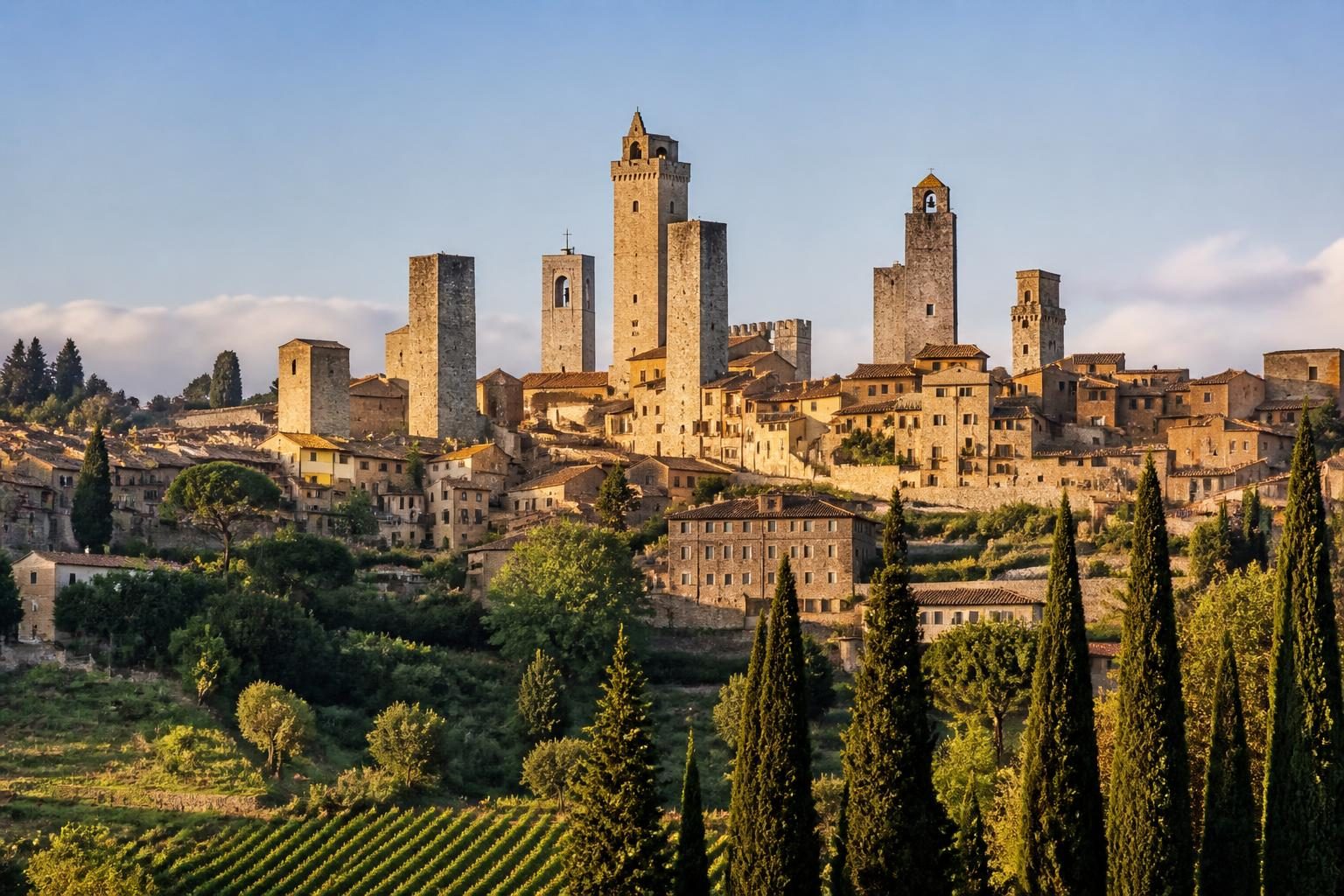 Die mittelalterlichen Geschlechtertürme von San Gimignano über den toskanischen Hügeln